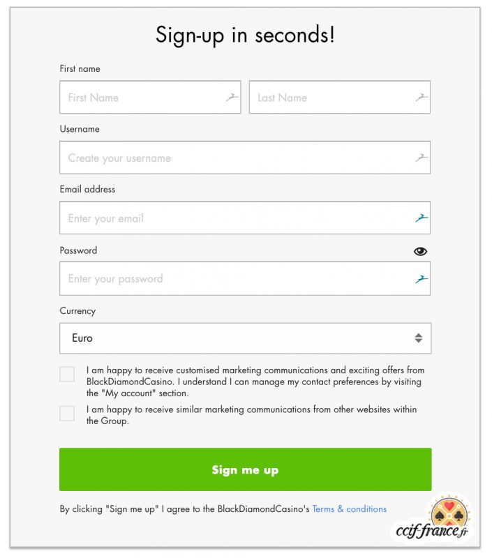 Registrierungsvorgang auf dem Black Diamond Casino