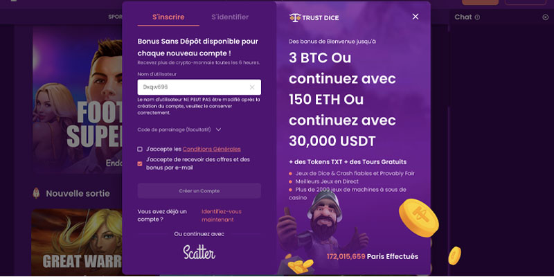 Screenshot Trustdice Registry.